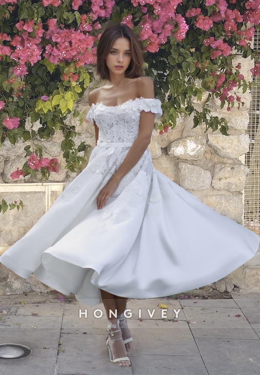 Floral Applique A-Line Wedding Dress Off-Shoulder Satin Midi Dresses HONGIVEY