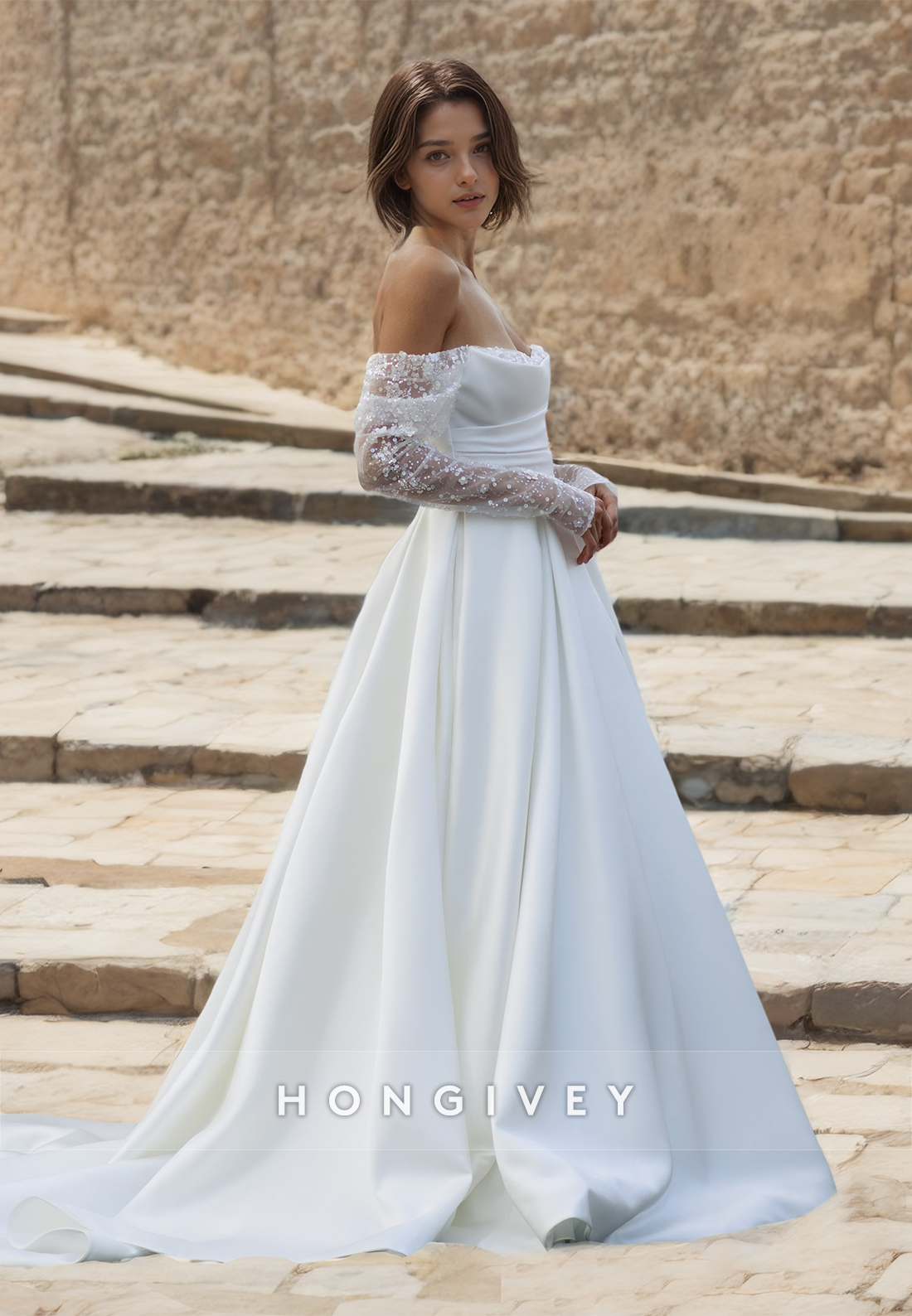 Chic Ruched Long Sleeves Satin A-Line Wedding Dress Gown HONGIVEY