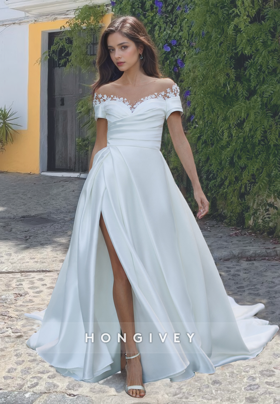 New Floral Short Sleeves Satin Wedding Dress Applique Off-Shoulder Bride Gown