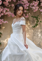 New Floral Short Sleeves Satin Wedding Dress Applique Off-Shoulder Bride Gown