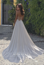 Sexy Strapless Sheer with Side Slit Satin A-Line Wedding Dress HONGIVEY