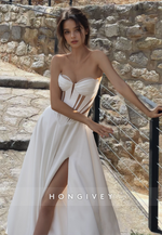 Sexy Strapless Sheer with Side Slit Satin A-Line Wedding Dress HONGIVEY