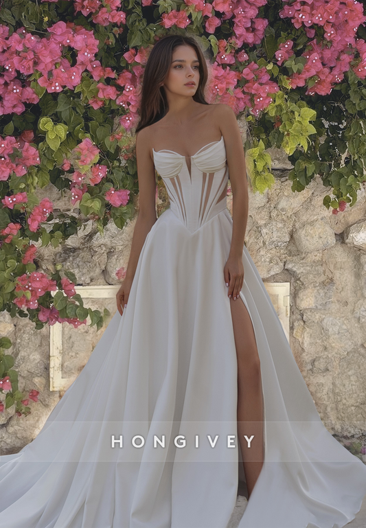 Sexy Strapless Sheer with Side Slit Satin A-Line Wedding Dress HONGIVEY