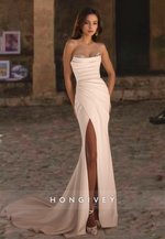 Sexy Strapless Trumpet Ruched with Side Slit Satin Wedding Dress Gown HONGIVEY