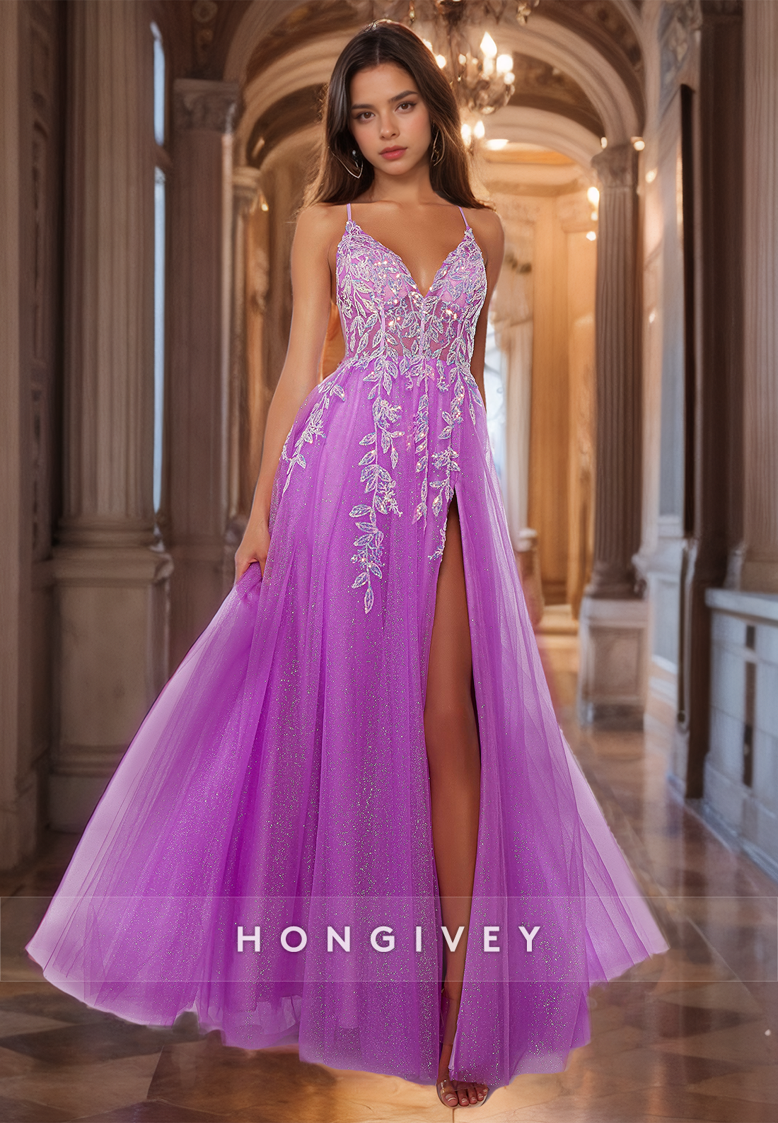 Sparkly V Neck Purple Appliqued Prom Gown with High Slit Spaghetti Straps Backless Glitter A-Line Quinceanera Dress