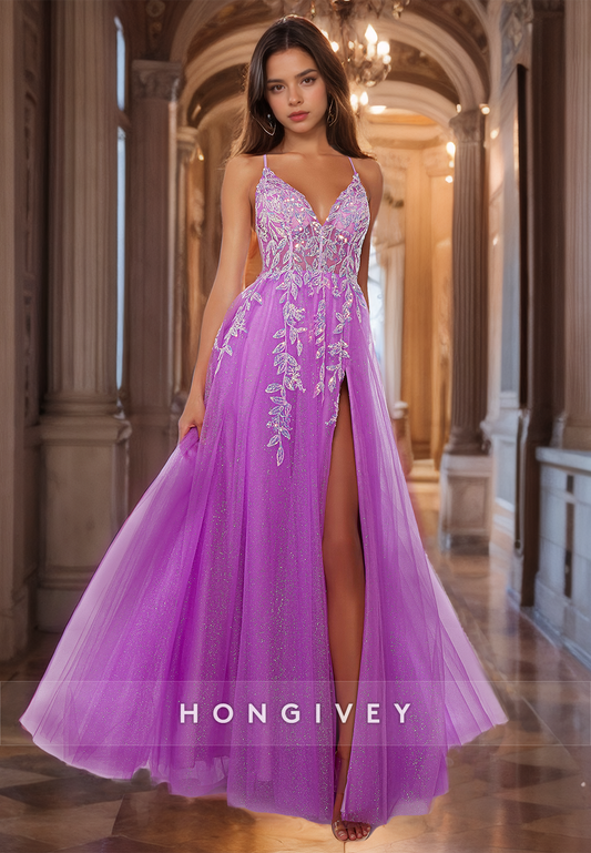 Sparkly V Neck Purple Appliqued Prom Gown with High Slit Spaghetti Straps Backless Glitter A-Line Quinceanera Dress