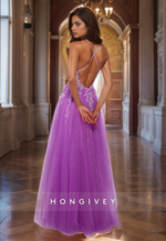 Sparkly V Neck Purple Appliqued Prom Gown with High Slit Spaghetti Straps Backless Glitter A-Line Quinceanera Dress