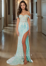 Charming Sky Blue Sequins Pageant Dress Off-Shoulder Long Train Sweetheart Sparkly Prom Gown