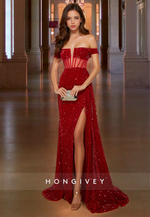 Sparkly Column Red Sequins Prom Dress with High Split Off-Shoulder Lace Up Cocktail Dresses