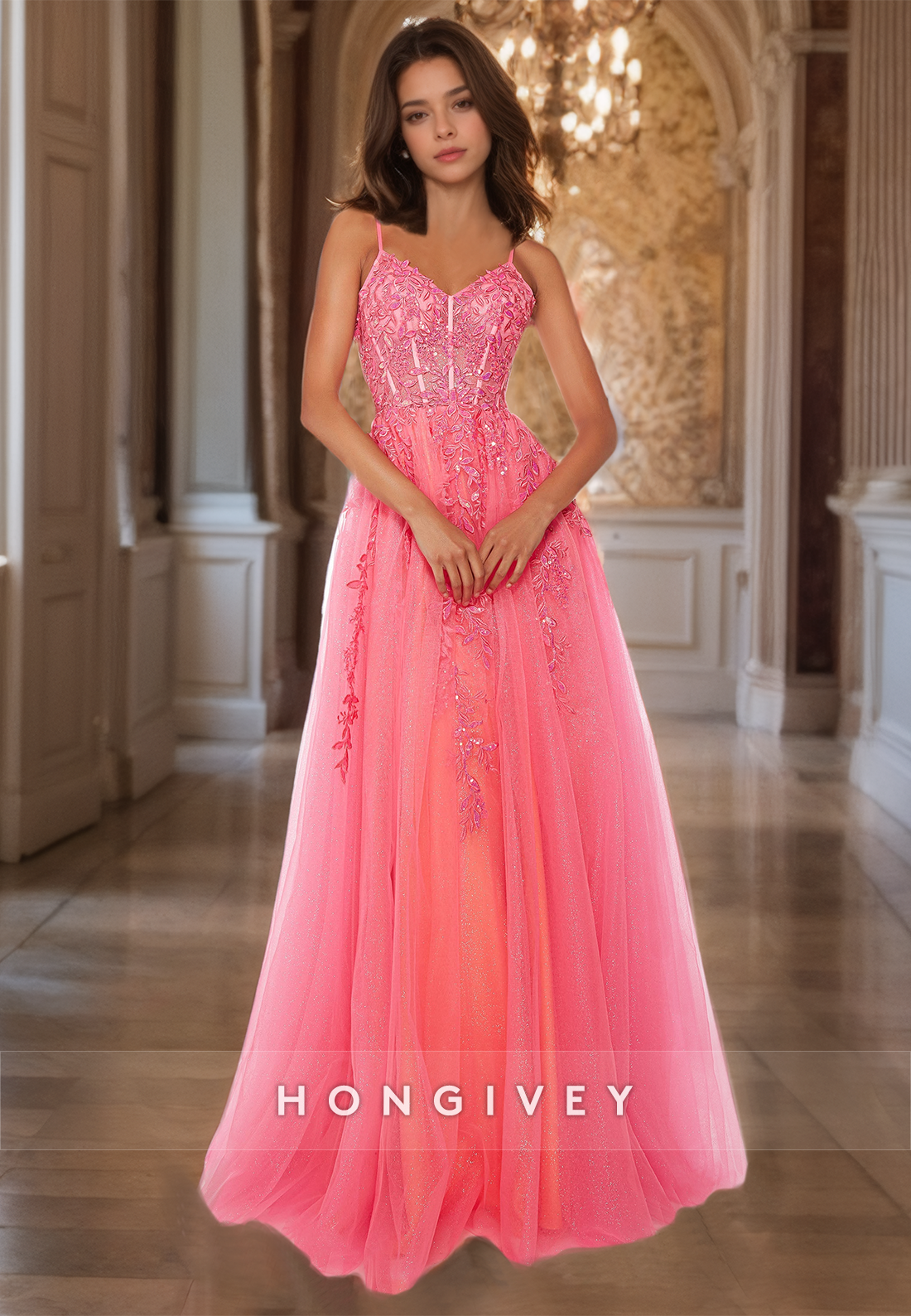 Luxurious V Neck Flamingo A-Line Prom Dress Floor Length Straps Appliqued Quinceanera Dresses