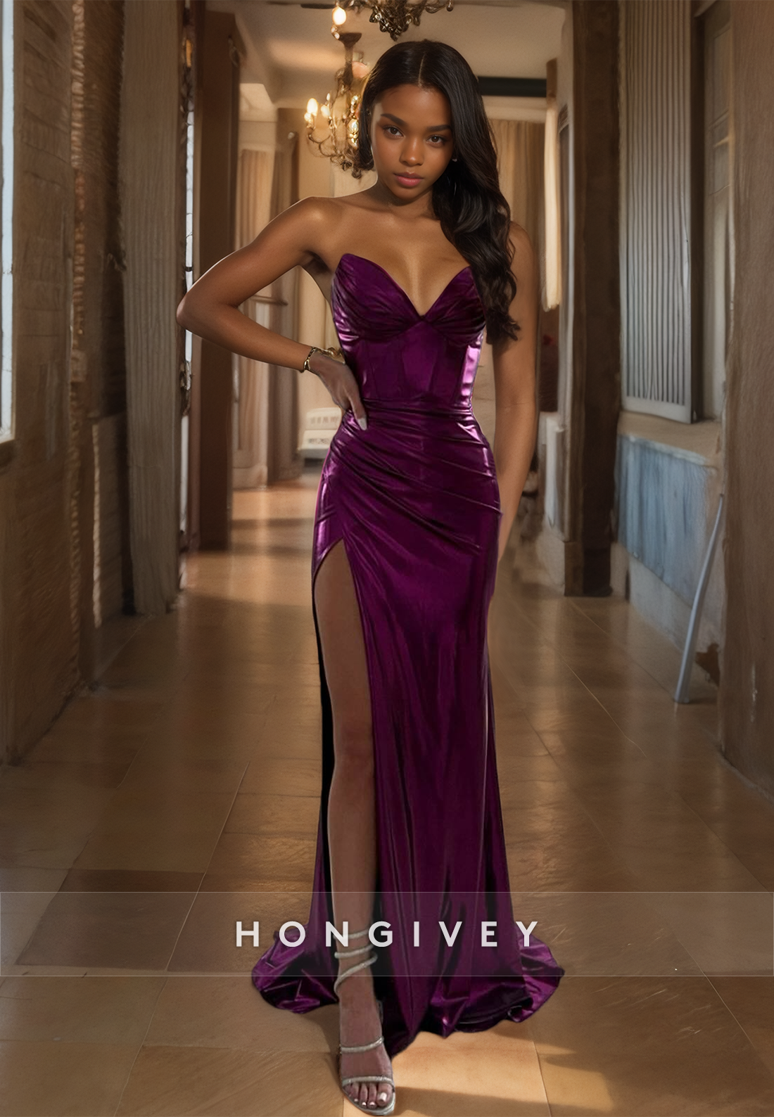 Purple Sexy Strapless Sheath Evening Dress Floor Length Formal Prom Gown