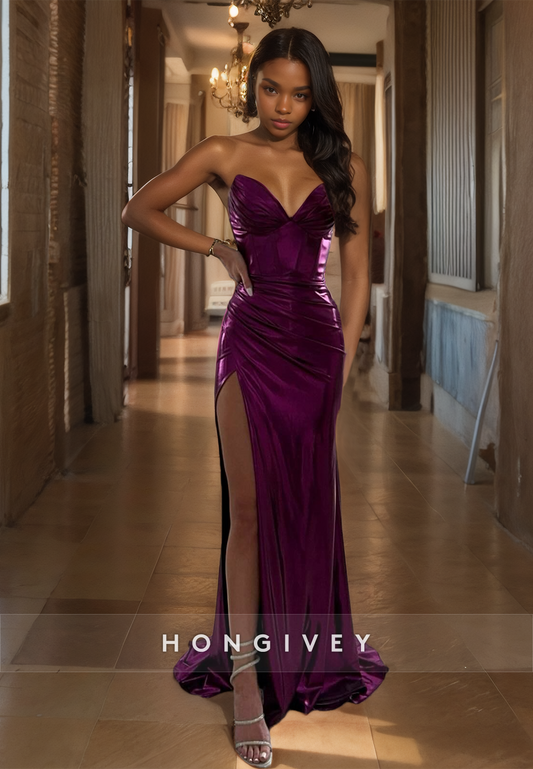 Purple Sexy Strapless Sheath Evening Dress Floor Lenghth Formal Prom Gown