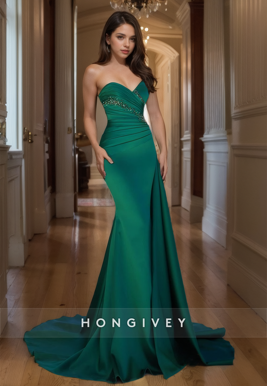 Elegant Strapless Satin Evening Dress Dark Green Formal Party Wear