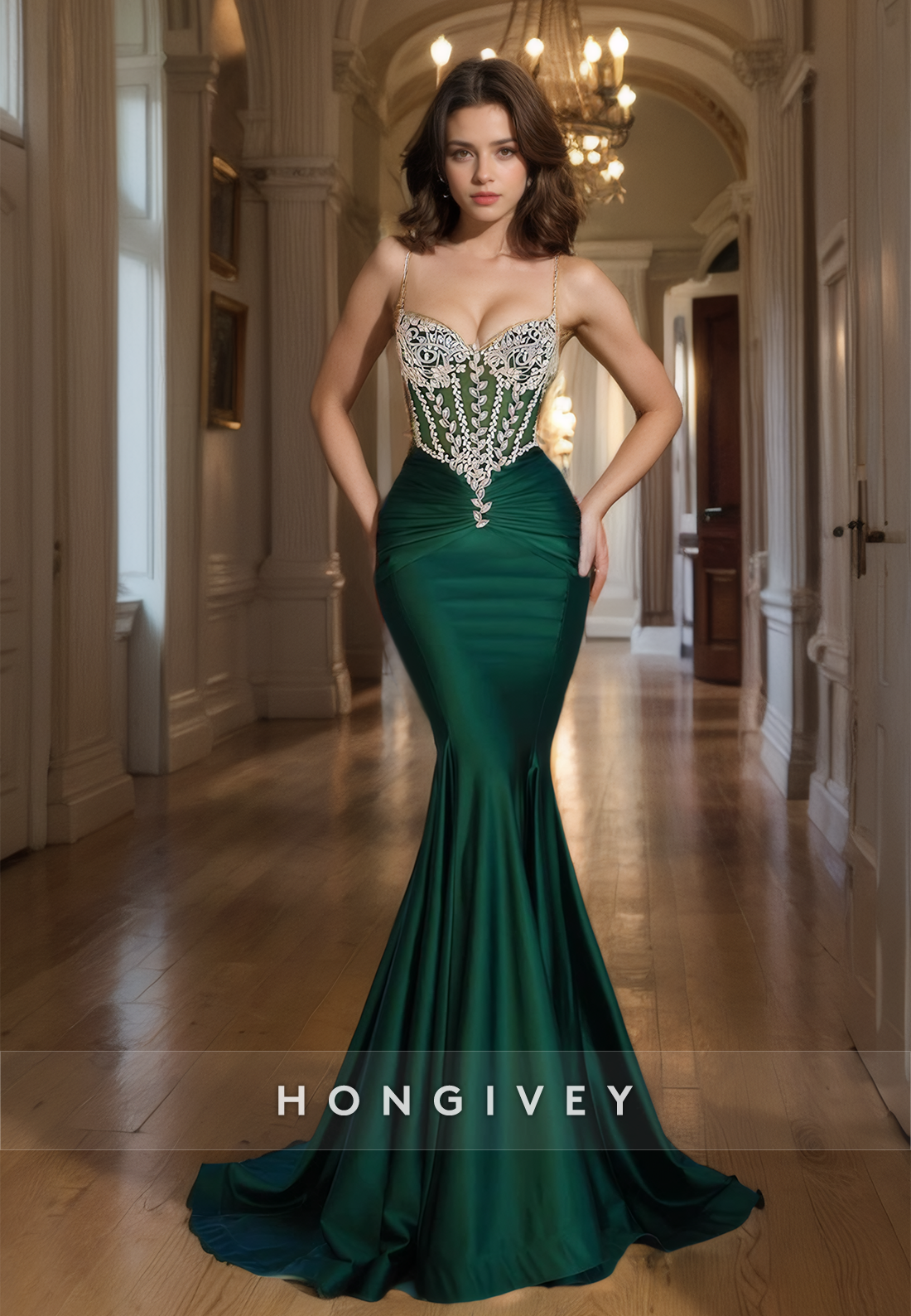 Classy Mermaid Sweetheart Dark Green Prom Gown Floor Length Beads Formal Long Dress with Spaghetti Straps