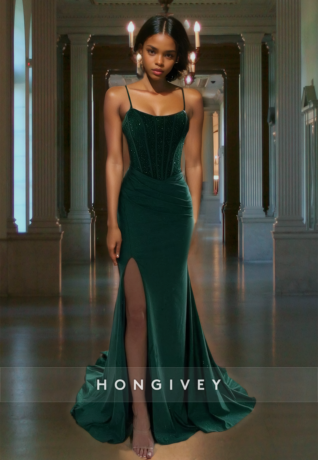 Glitter Dark Green Satin Sheath Evening Dress Elegant Formal Prom Dress