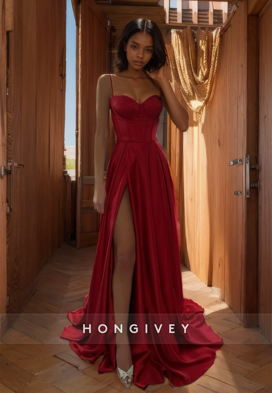 Sexy Red Evening Dress with High Side Slit A-Line Straps Prom Gown