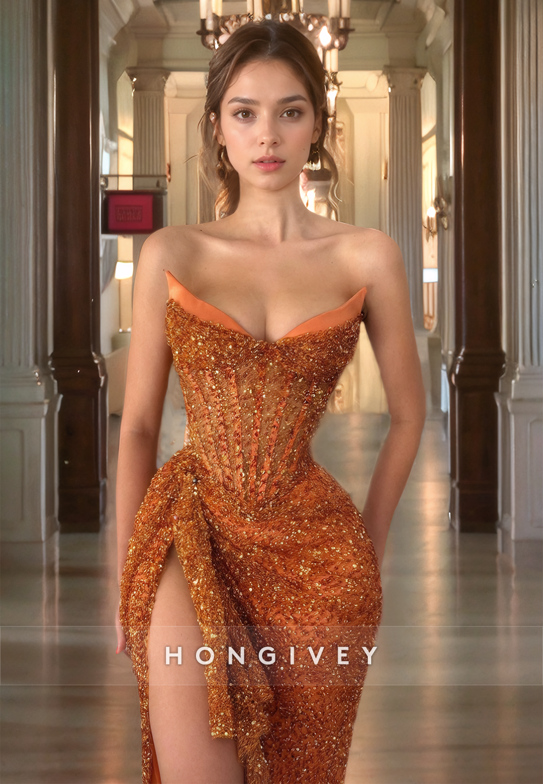 Luxurious Sequined Sweetheart Orange Formal Occasion Party Dress Strapless Floor Length Prom Dress with High Slit