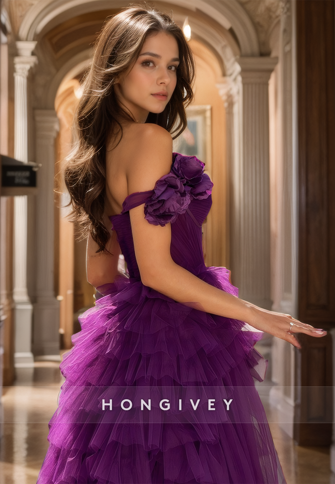 Graceful One Shoulder Purple Tulle Prom Dresses A-Line Tiered Luxury Quinceanera Dress