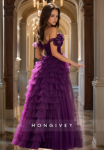 Graceful One Shoulder Purple Tulle Prom Dresses A-Line Tiered Luxury Quinceanera Dress