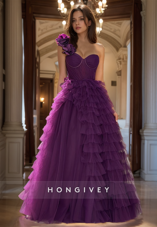 Graceful One Shoulder Purple Tulle Prom Dresses A-Line Tiered Luxury Quinceanera Dress