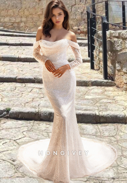 Sparkly Sequins Off-Shoulder Sweep Train Bride Dresses Scoop Button Back Wedding Dress