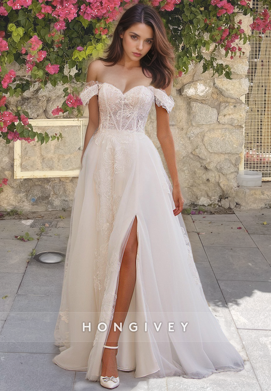 Dreamy Sweetheart Off-Shoulder Formal Bridal Gown Tulle Lace Button Back Wedding Dress with High Slit