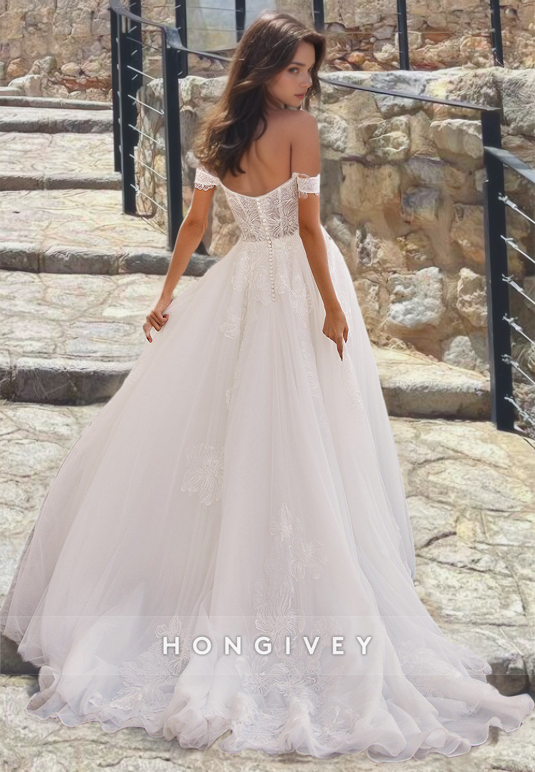 Dreamy Sweetheart Off-Shoulder Formal Bridal Gown Tulle Lace Button Back Wedding Dress with High Slit