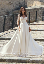 Luxurious A-Line Satin Formal Wedding Dress Full Sleeves Sweep Train Bridal Gown Charming Lady