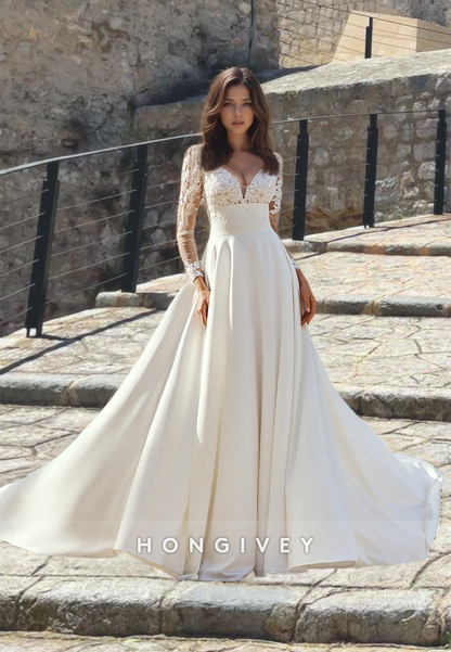 Luxurious A-Line Satin Formal Wedding Dress Full Sleeves Sweep Train Bridal Gown Charming Lady