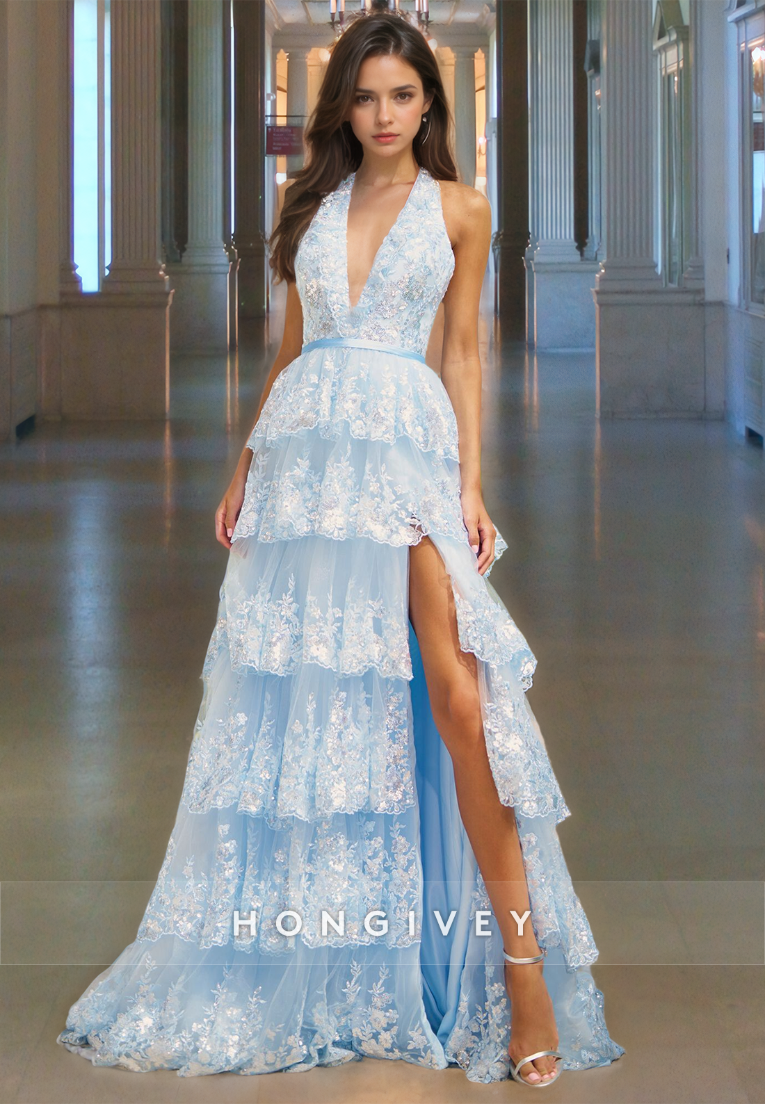 A-Line Sky Blue Tiered Halter Prom Gown V Neck Backless Lace Party Dresses with High Slit