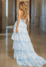 A-Line Sky Blue Tiered Halter Prom Gown V Neck Backless Lace Party Dresses with High Slit