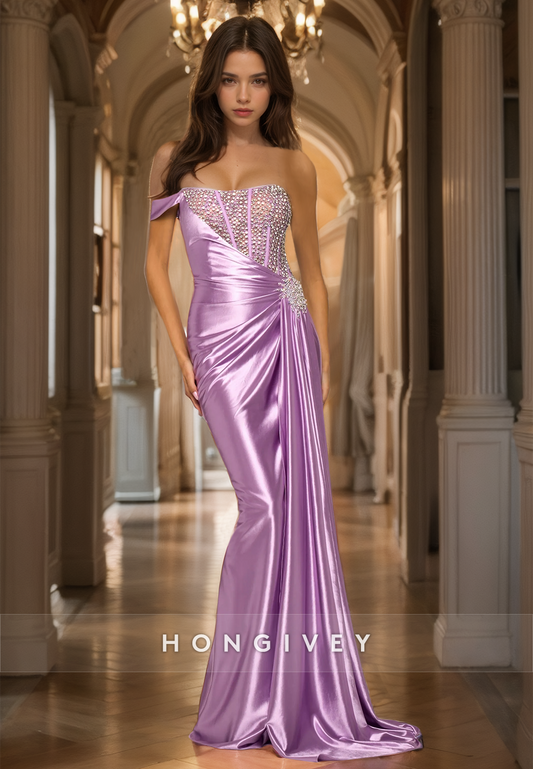 Stunning Off-Shoulder Lilac Mermaid Prom Dress Beads Sleeveless Satin Quinceanera Dress