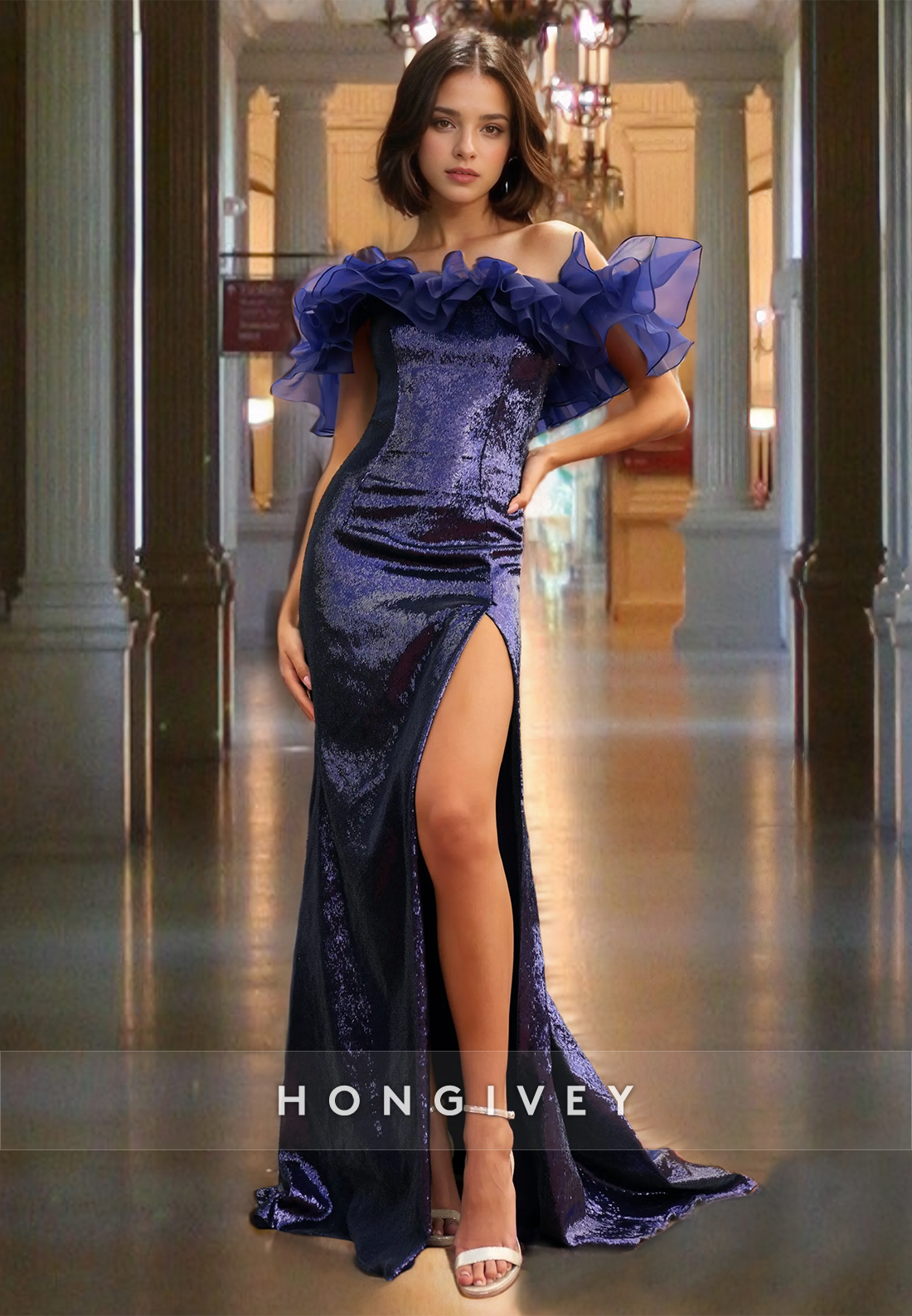 Graceful Sequins Ruffled Purple Prom Dress Floor Length Off-Shoulder Party Dresses with High Slit