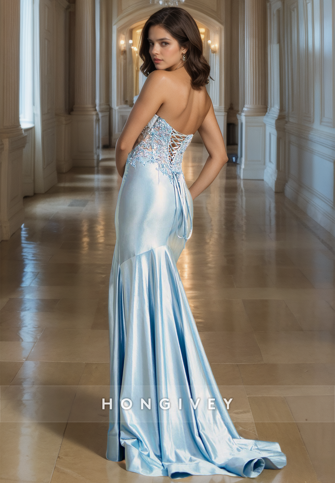 Elegant Satin Sky Blue Sweetheart Prom Gown Mermaid Lace Up Sleeveless Formal Occasion Party Dress