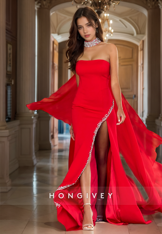 Elegant Red Chiffon High Neck Prom Gown Beads Strapless High Slit Party Dress