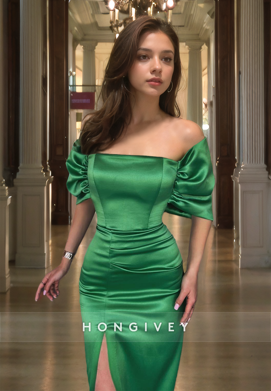 Modest Satin Off-Shoulder Floor Length Prom Dress Green Luxury Formal Occasion Party Gown with High Slit