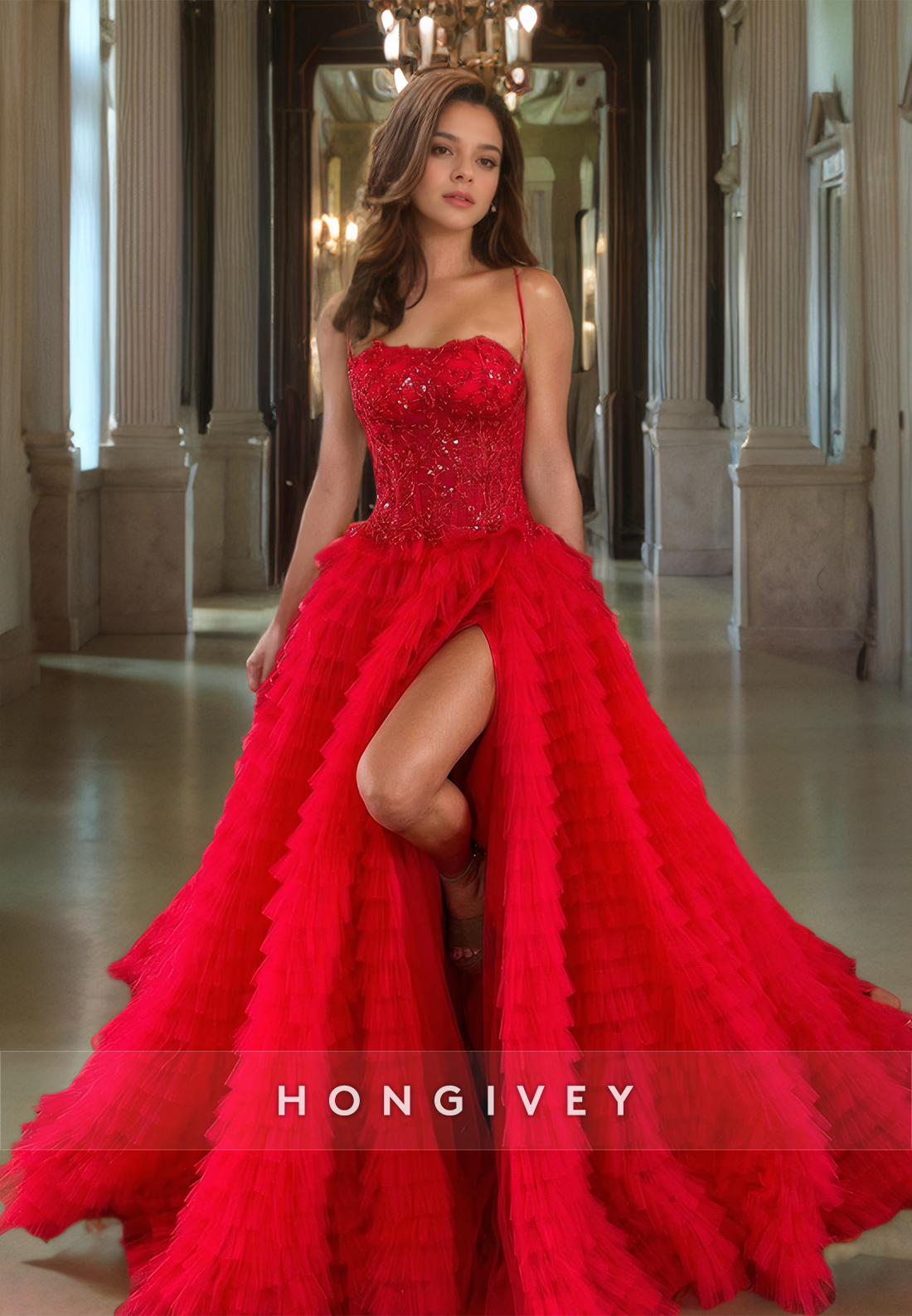 Unique Sweetheart Red A-Line Prom Dress Tiered Tulle Straps Side Slit Floor Length Quinceanera Dress