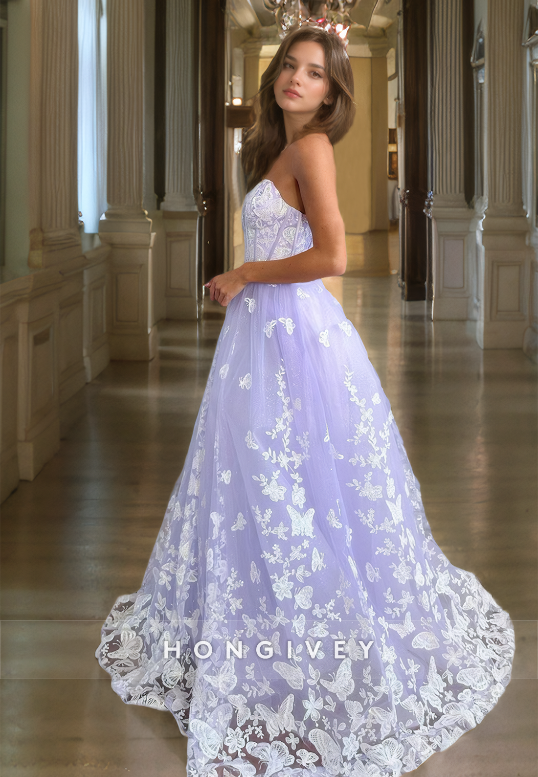 A-Line Elegant Sweetheart Lilac Lace Prom Dresses Sleeveless Floor Length Tulle Night Party Gown