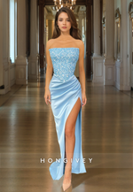 Sheath/Column Strapless Sequined Prom Dress Pleated Sky Blue Floor Length Evening Party Gown