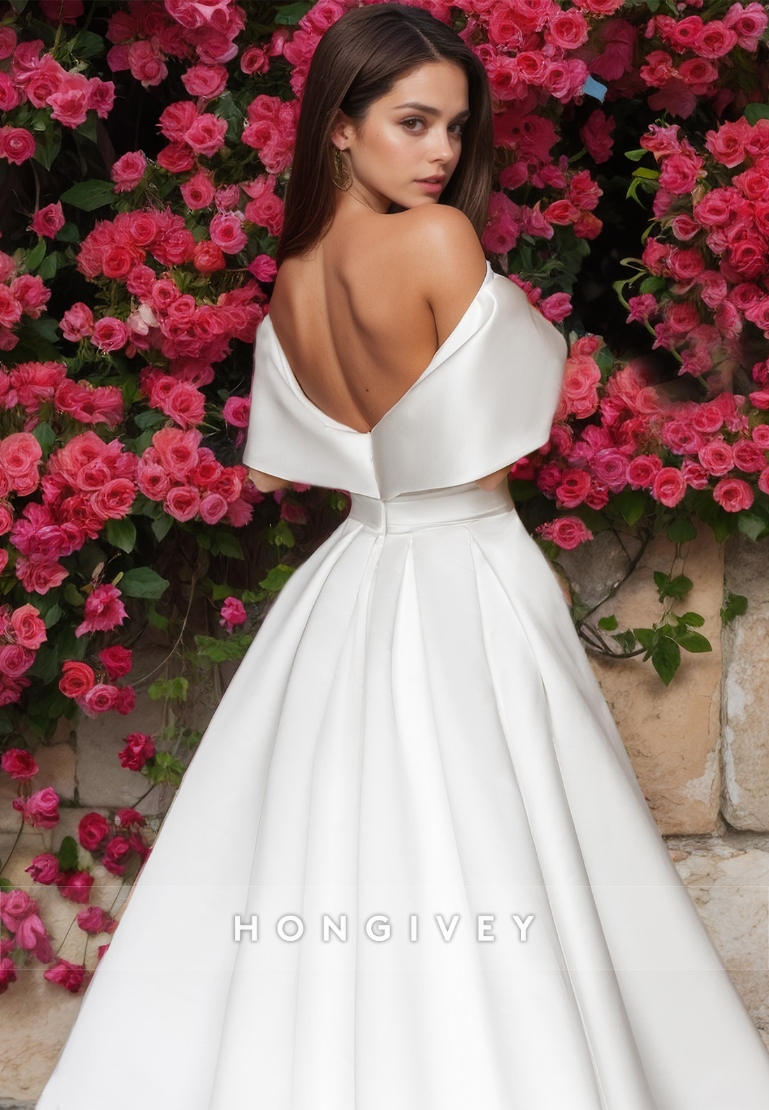 Simple Backless Off-Shoulder Wedding Dresses A-Line with Train  Satin Bridal Dresses