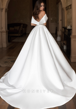 Simple Backless Off-Shoulder Wedding Dresses A-Line with Train  Satin Bridal Dresses