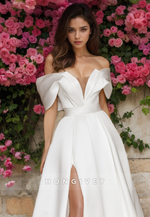 Simple Backless Off-Shoulder Wedding Dresses A-Line with Train  Satin Bridal Dresses