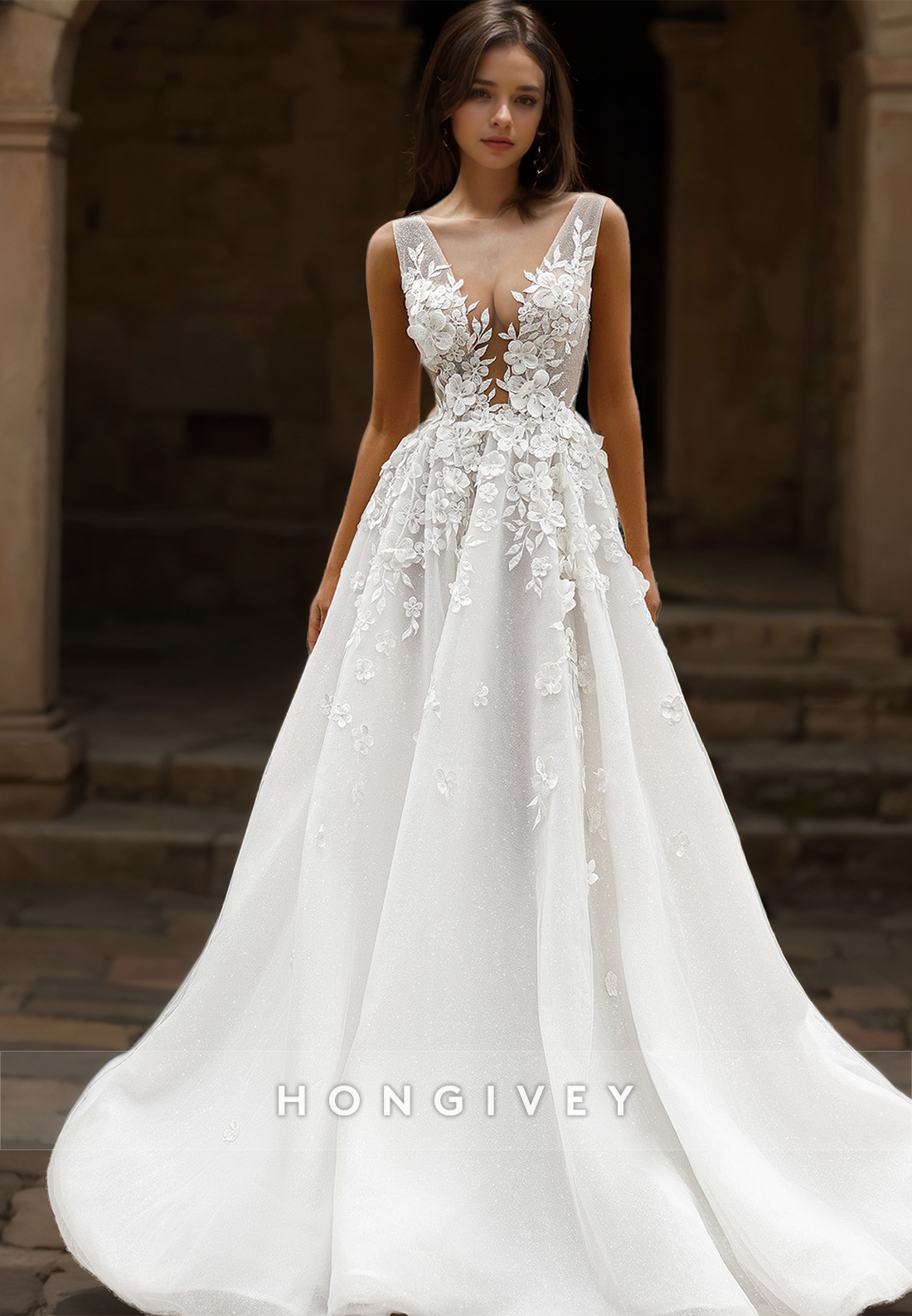 Fashional V-Neck Lace Applique Wedding Dress A-Line with Train Bridal Dresses