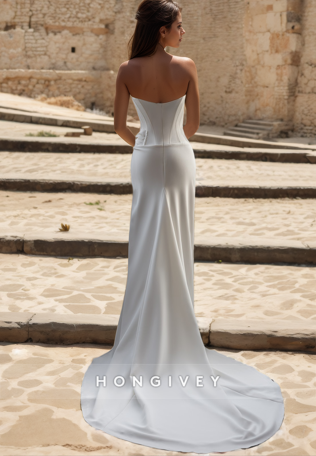 Simple Ruched Trumpet Wedding Dresses Strapless Sweetheart Side Slit Long  Bridal Dresses