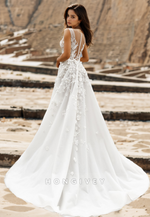 Fashional V-Neck Lace Applique Wedding Dress A-Line with Train Bridal Dresses