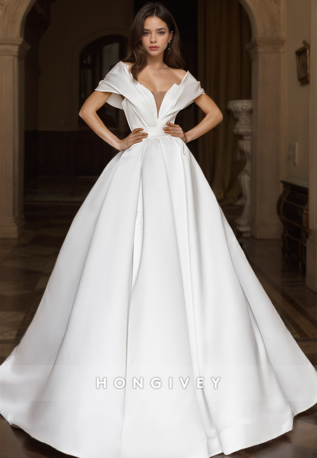 Simple Backless Off-Shoulder Wedding Dresses A-Line with Train  Satin Bridal Dresses