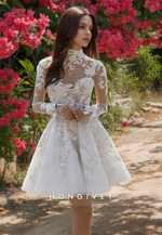 Short Lace Wedding Dresses with Long Sleeves High Neck Beach Bride's Dress