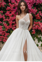 Fashional Organza A-Line Wedding Dresses One Shoulder Long Side Slit Bride's Dress