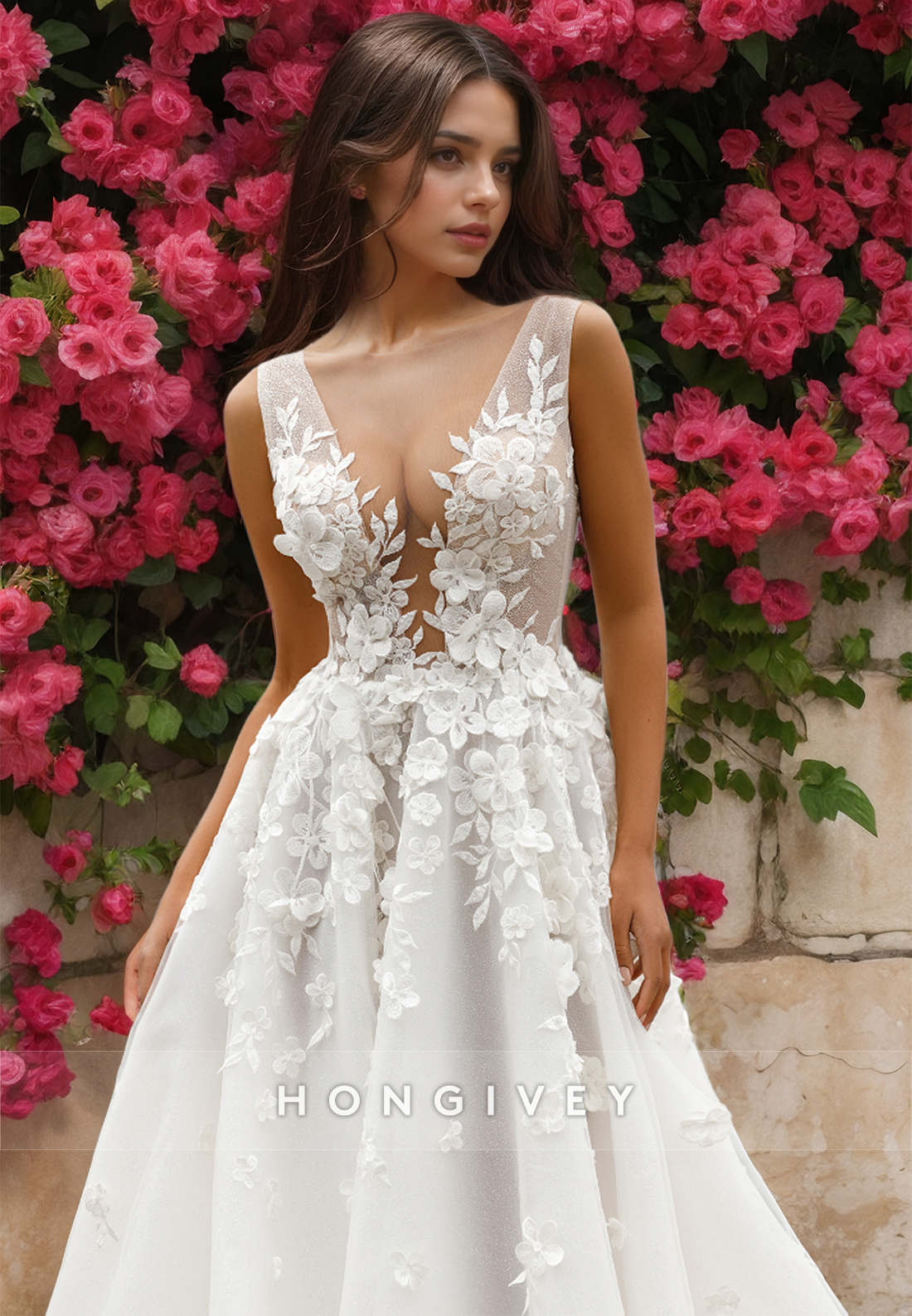 Fashional V-Neck Lace Applique Wedding Dress A-Line with Train Bridal Dresses