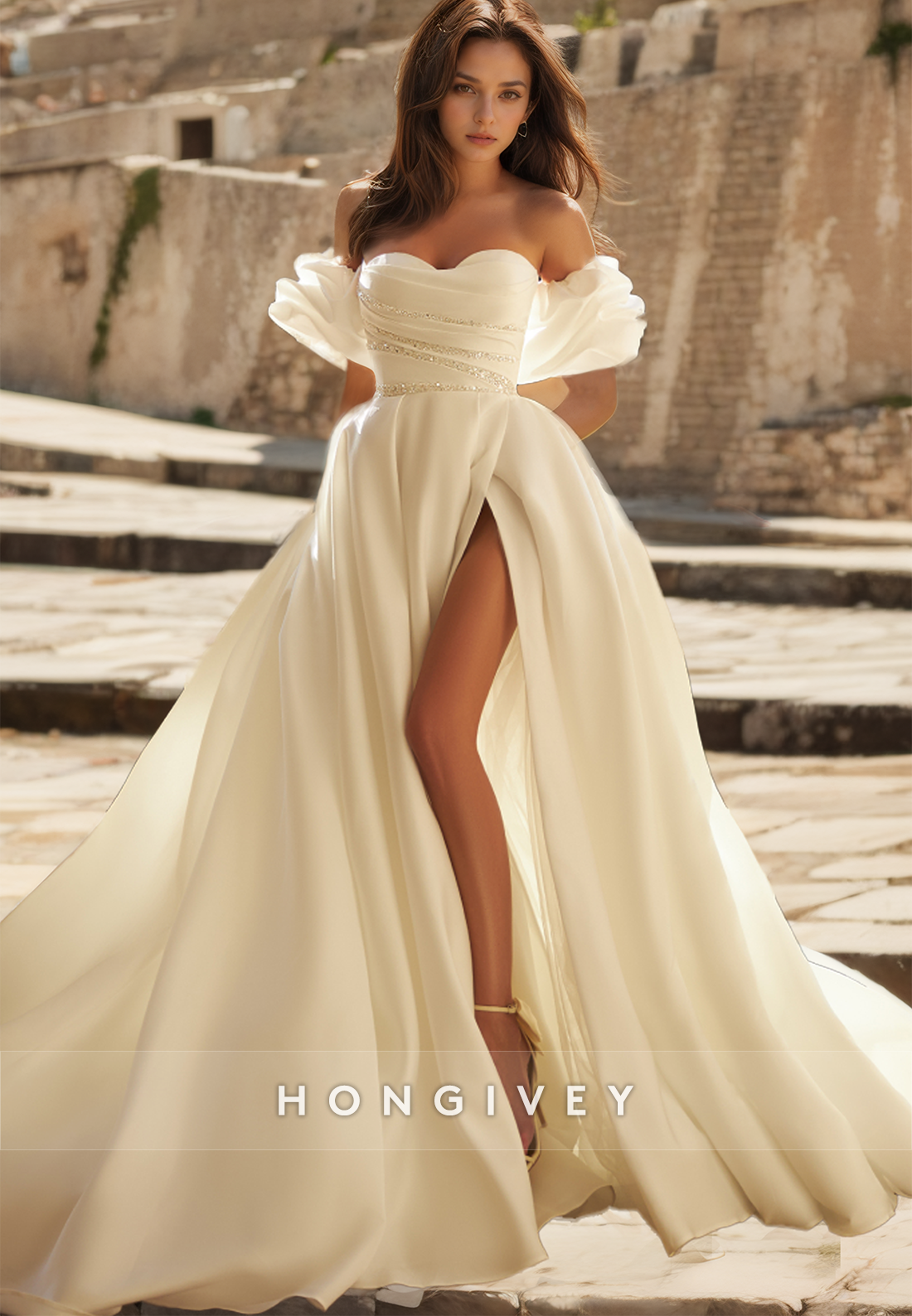 Sweet Beaded Off-Shoulder A-Line Satin Wedding Dress Floor Lenghth